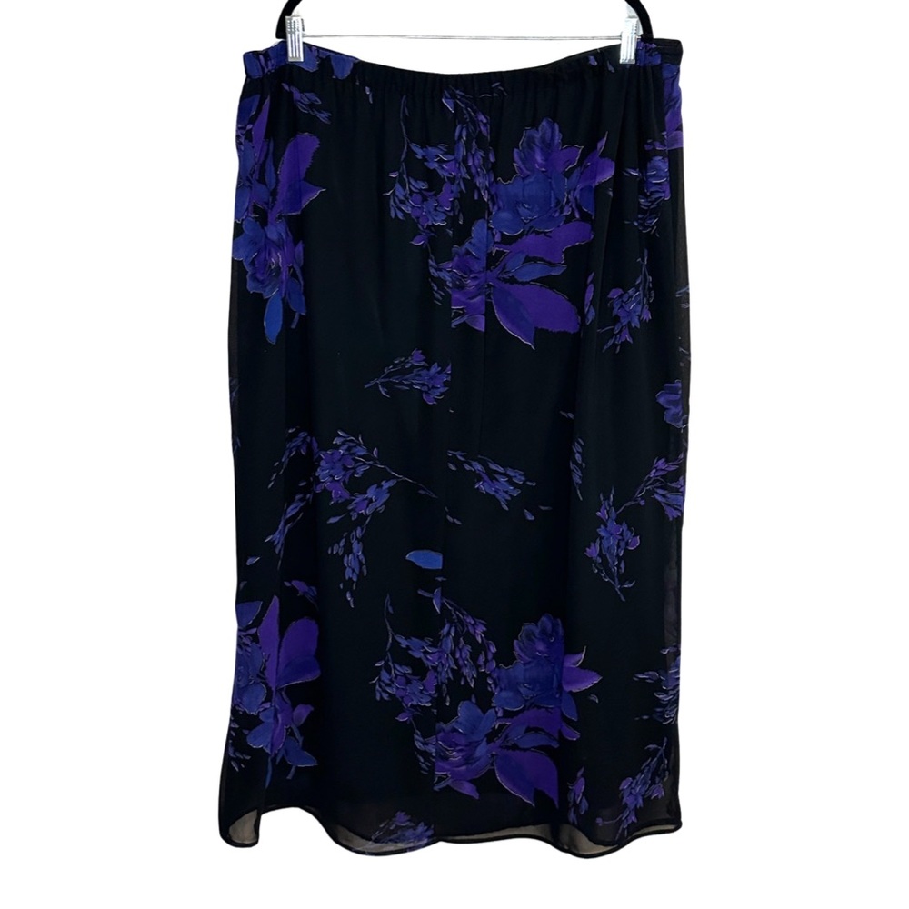 Studio C Classic Long Skirt Black Chiffon Deep Purple & Blue Rose Print Lined 22